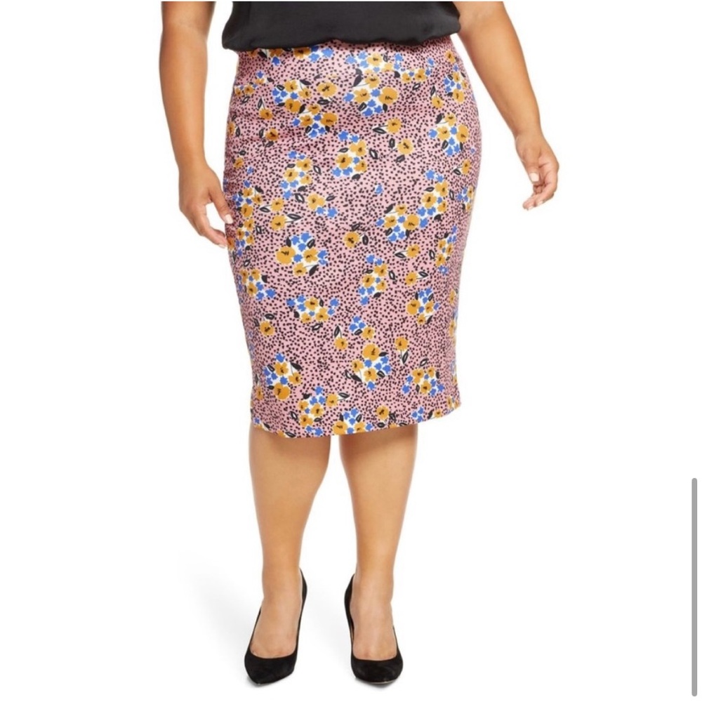 ELOQUII Women’s Plus Size Pink Yellow Black Floral Print Scuba Pencil Skirt